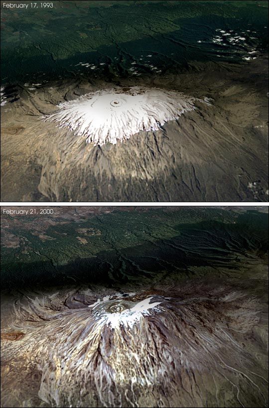 Perechea satelitară NASA a calotei Kilimanjaro, februarie 1993 deasupra lui februarie 2000