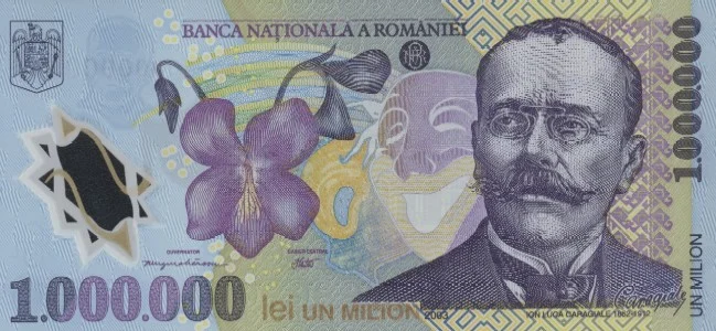 Aversul bancnotei de 1.000.000 de lei din 2003 cu portretul lui Ion Luca Caragiale