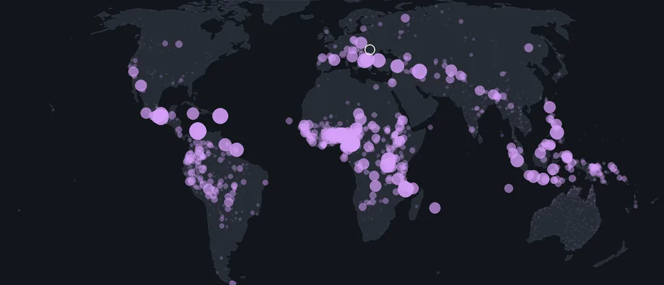 Harta lumii: limbile cu inventare de sunete apropiate de al românei sunt răspândite în Africa, America și Asia de Sud-Est.