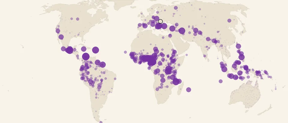 Harta lumii: limbile cu inventare de sunete apropiate de al românei sunt răspândite în Africa, America și Asia de Sud-Est.