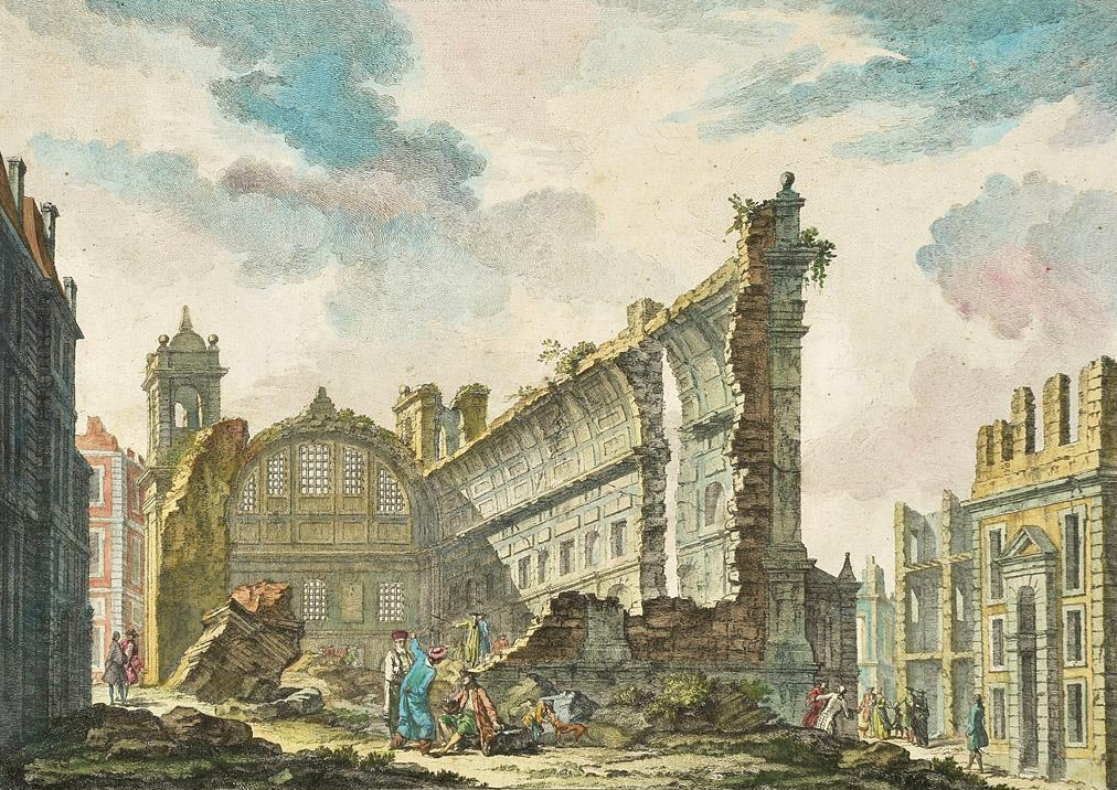 Gravură din 1757 cu ruinele bisericii São Nicolau: ziduri și coloane rămân în picioare, iar acoperișul lipsește.