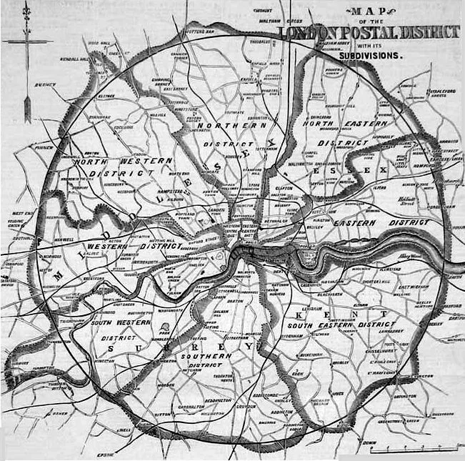 Cele zece districte în Illustrated London News, ianuarie 1857, cu NE și S încă la locul lor. Limita desenată este neregulată și nu urmează întocmai cercul.