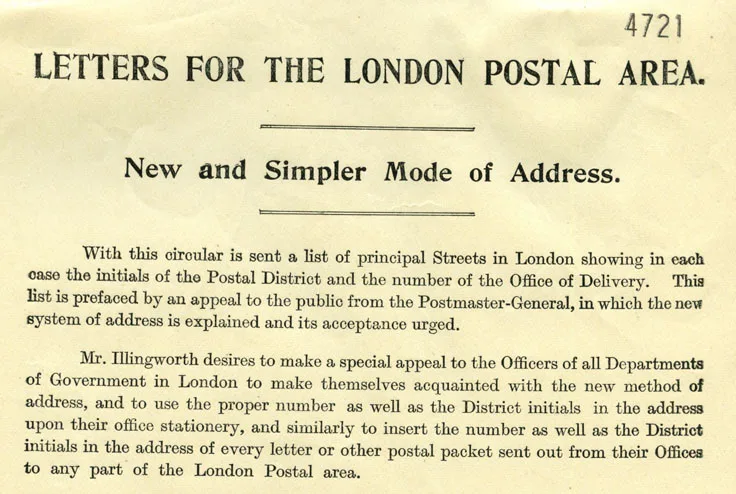 Anunțul Poștei britanice din 1 martie 1917, trimis împreună cu lista de străzi.