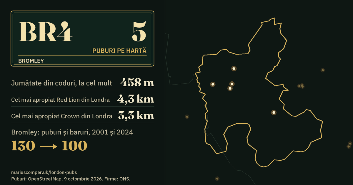 5 puburi pe hartă. Cel mai apropiat Red Lion din Londra: la 4,3 km. Bromley: 130 de puburi și baruri în 2001, 100 în 2024.
