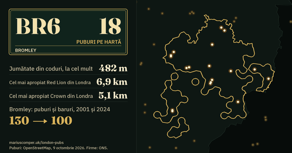 18 puburi pe hartă. Cel mai apropiat Red Lion din Londra: la 6,9 km. Bromley: 130 de puburi și baruri în 2001, 100 în 2024.