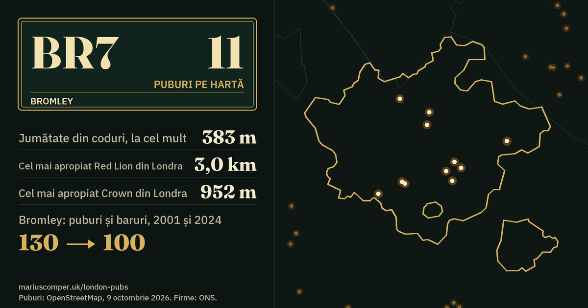 11 puburi pe hartă. Cel mai apropiat Red Lion din Londra: la 3,0 km. Bromley: 130 de puburi și baruri în 2001, 100 în 2024.