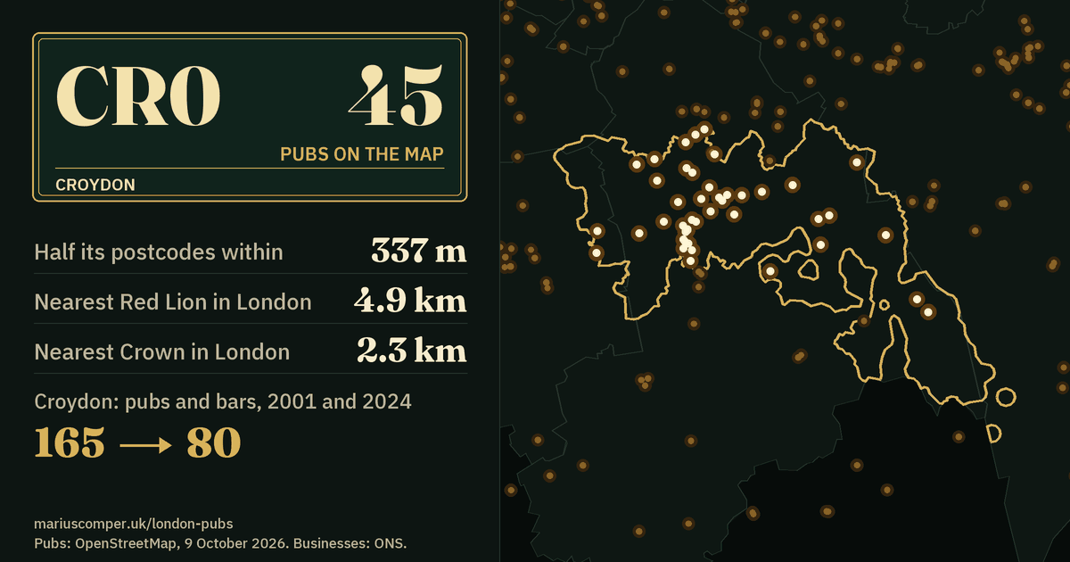 45 pubs on the map. Nearest Red Lion in London: 4.9 km. Croydon: 165 pubs and bars in 2001, 80 in 2024.