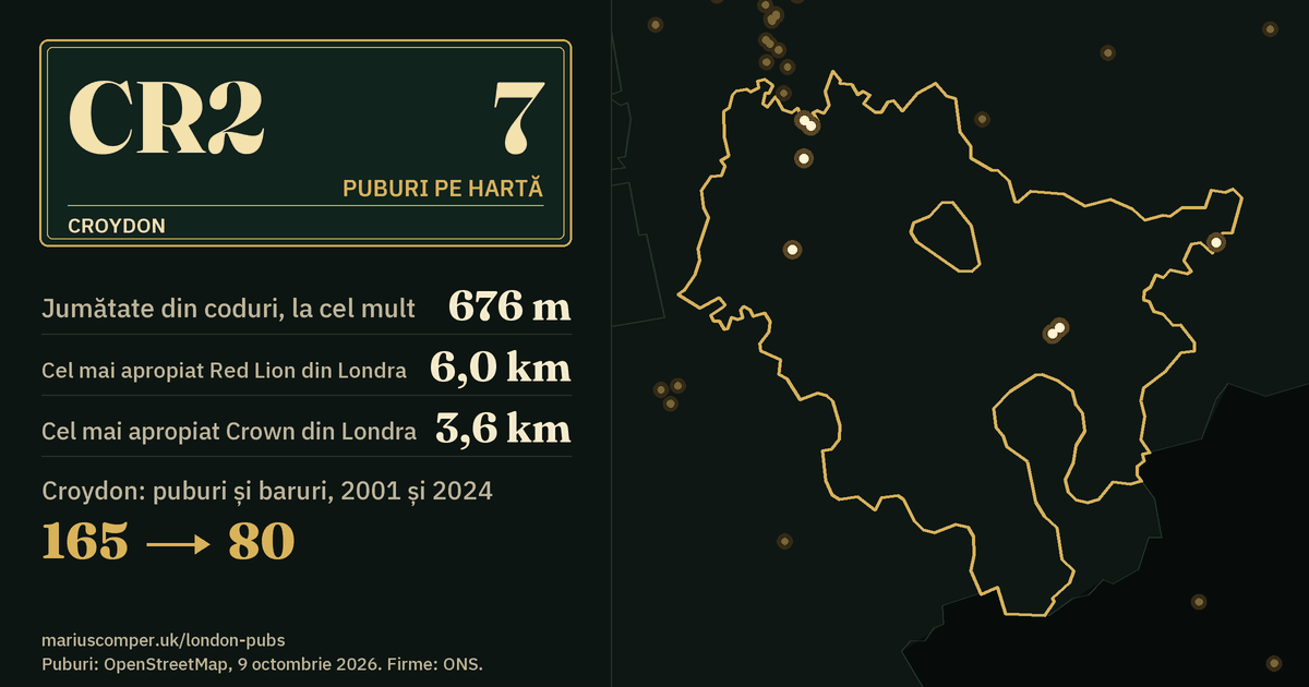 7 puburi pe hartă. Cel mai apropiat Red Lion din Londra: la 6,0 km. Croydon: 165 de puburi și baruri în 2001, 80 în 2024.