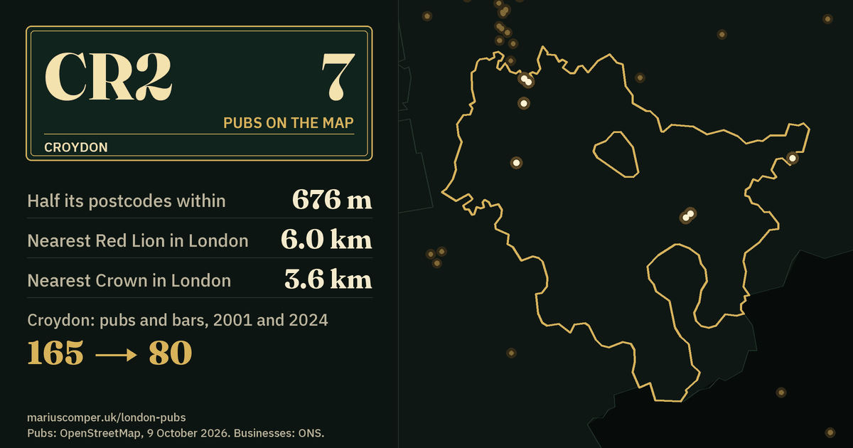 7 pubs on the map. Nearest Red Lion in London: 6.0 km. Croydon: 165 pubs and bars in 2001, 80 in 2024.