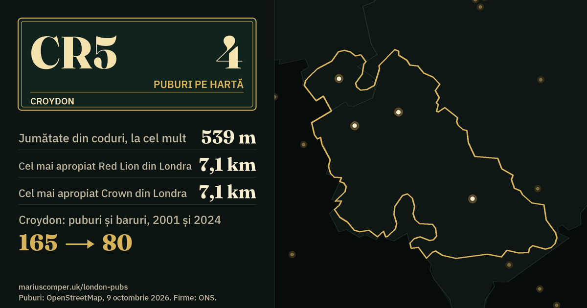 4 puburi pe hartă. Cel mai apropiat Red Lion din Londra: la 7,1 km. Croydon: 165 de puburi și baruri în 2001, 80 în 2024.