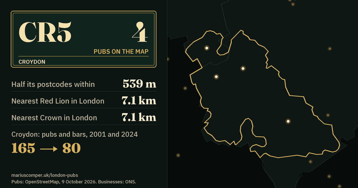 4 pubs on the map. Nearest Red Lion in London: 7.1 km. Croydon: 165 pubs and bars in 2001, 80 in 2024.