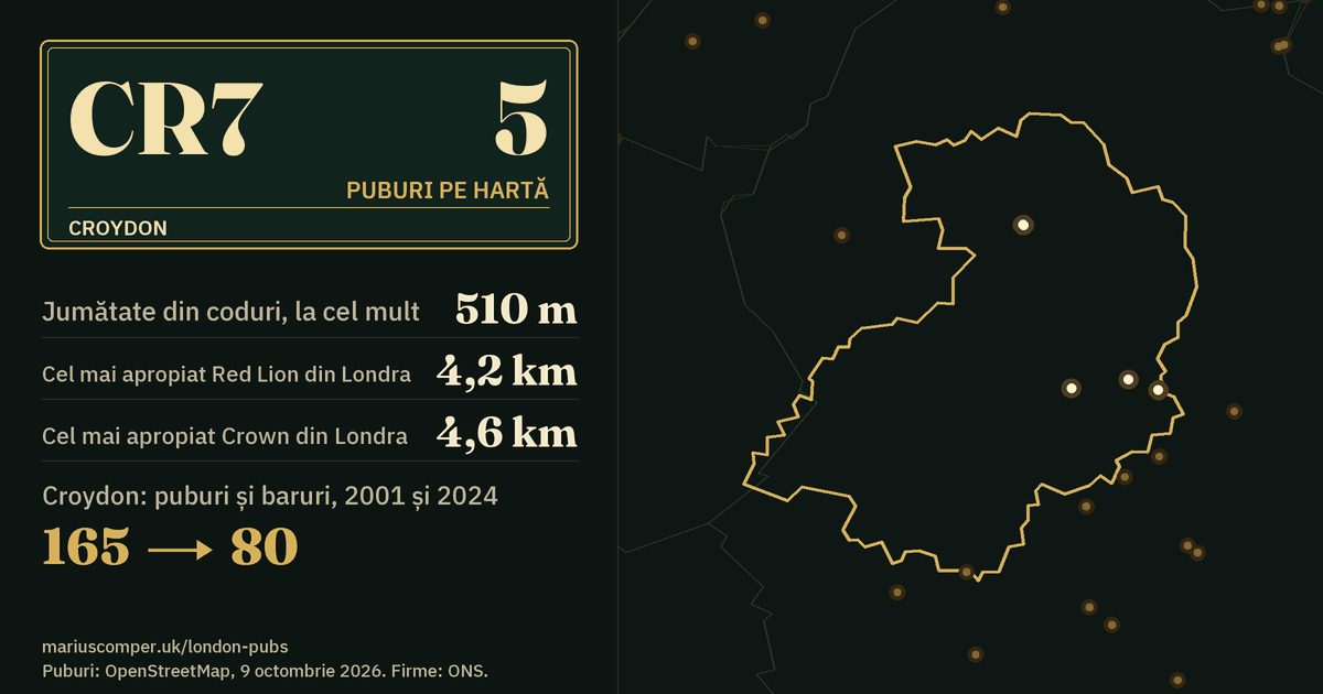 5 puburi pe hartă. Cel mai apropiat Red Lion din Londra: la 4,2 km. Croydon: 165 de puburi și baruri în 2001, 80 în 2024.