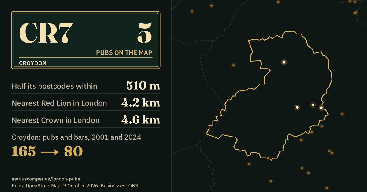 5 pubs on the map. Nearest Red Lion in London: 4.2 km. Croydon: 165 pubs and bars in 2001, 80 in 2024.