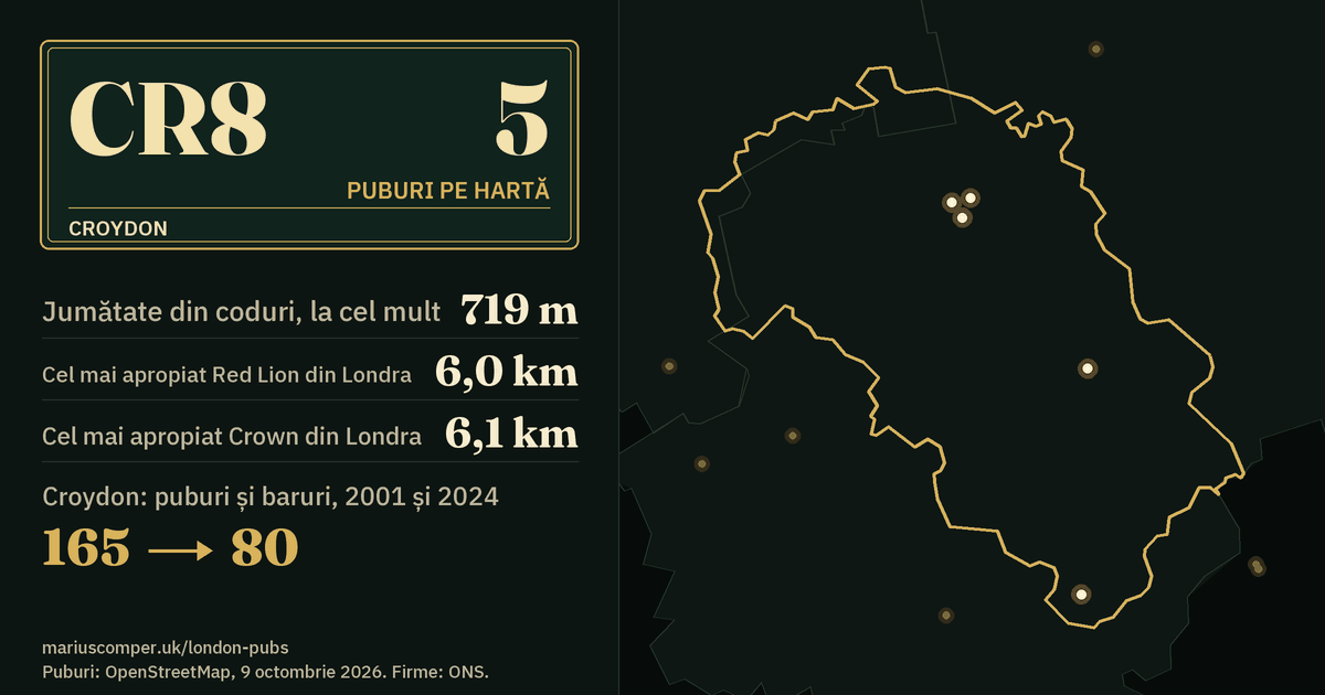 5 puburi pe hartă. Cel mai apropiat Red Lion din Londra: la 6,0 km. Croydon: 165 de puburi și baruri în 2001, 80 în 2024.