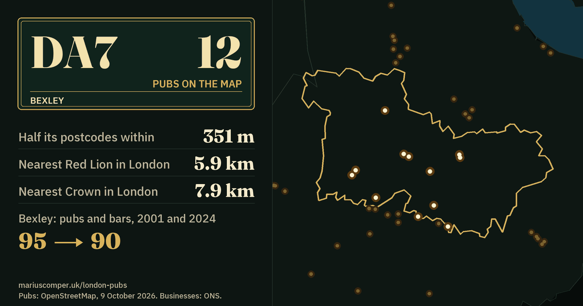 12 pubs on the map. Nearest Red Lion in London: 5.9 km. Bexley: 95 pubs and bars in 2001, 90 in 2024.