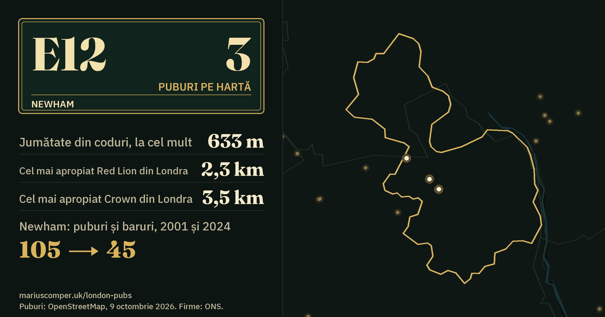3 puburi pe hartă. Cel mai apropiat Red Lion din Londra: la 2,3 km. Newham: 105 puburi și baruri în 2001, 45 în 2024.