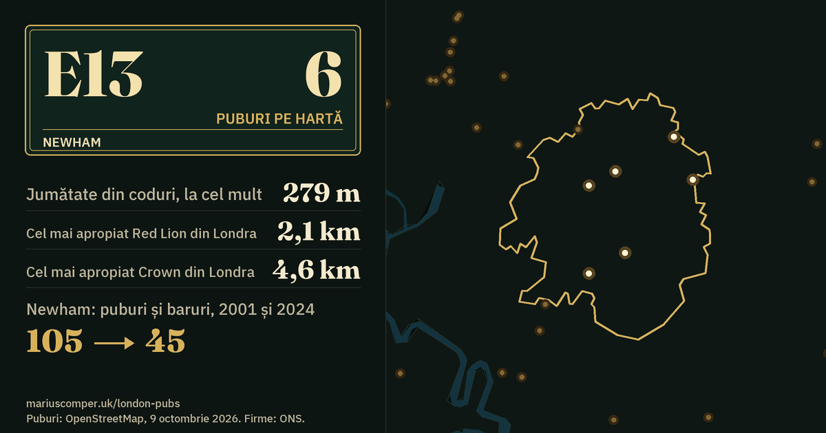 6 puburi pe hartă. Cel mai apropiat Red Lion din Londra: la 2,1 km. Newham: 105 puburi și baruri în 2001, 45 în 2024.
