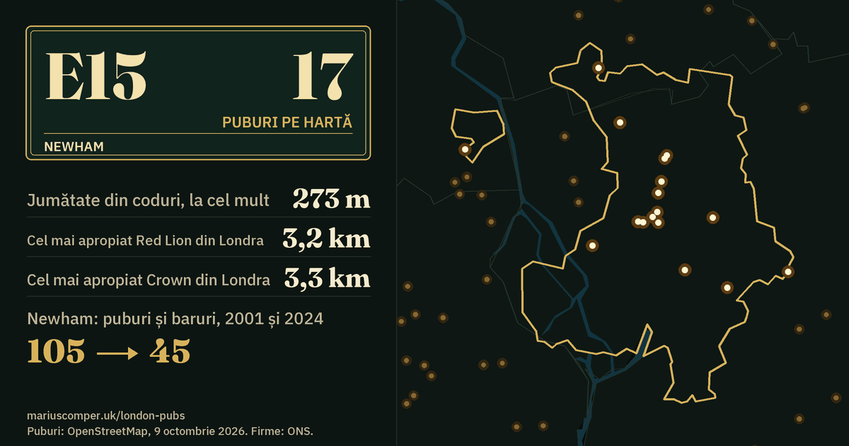 17 puburi pe hartă. Cel mai apropiat Red Lion din Londra: la 3,2 km. Newham: 105 puburi și baruri în 2001, 45 în 2024.