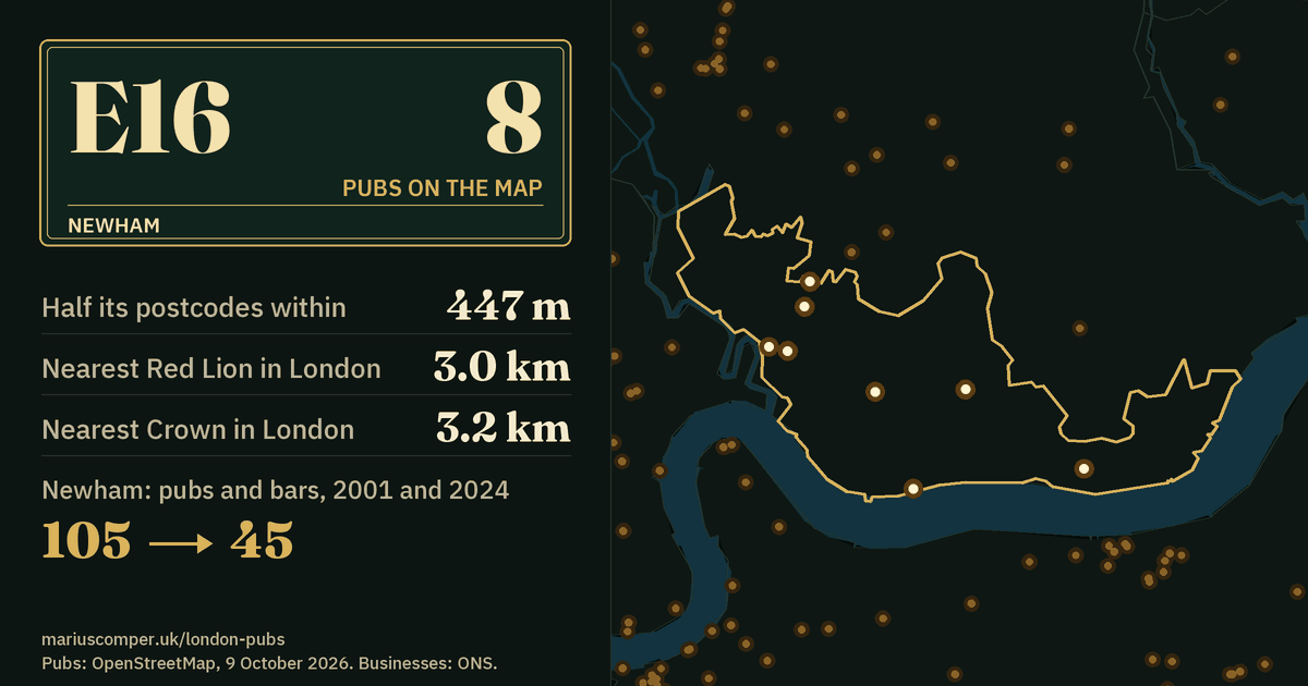 8 pubs on the map. Nearest Red Lion in London: 3.0 km. Newham: 105 pubs and bars in 2001, 45 in 2024.