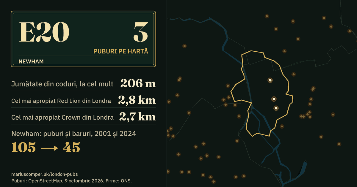 3 puburi pe hartă. Cel mai apropiat Red Lion din Londra: la 2,8 km. Newham: 105 puburi și baruri în 2001, 45 în 2024.