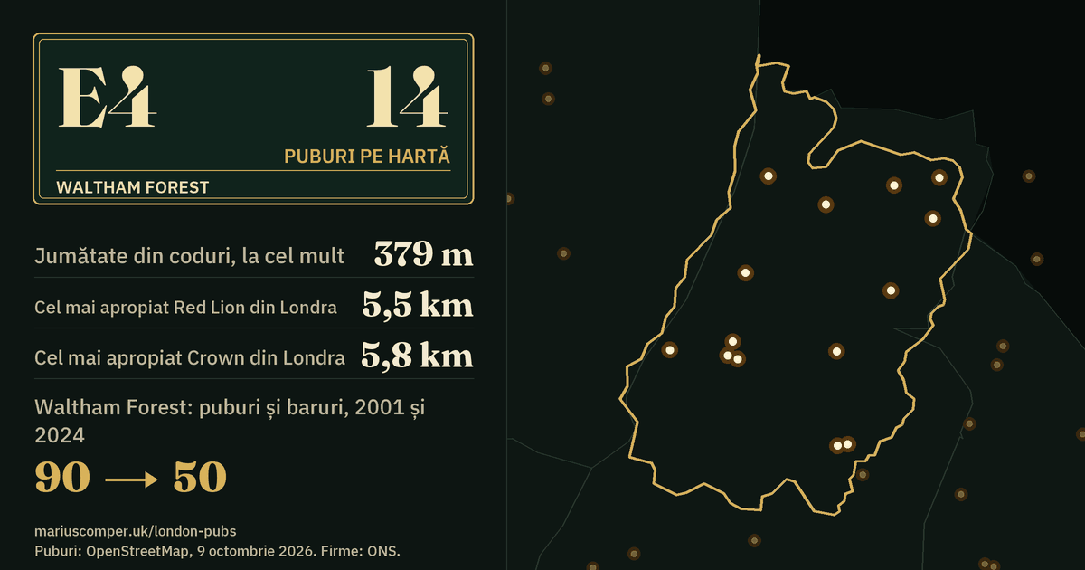 14 puburi pe hartă. Cel mai apropiat Red Lion din Londra: la 5,5 km. Waltham Forest: 90 de puburi și baruri în 2001, 50 în 2024.