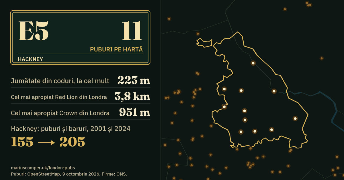 11 puburi pe hartă. Cel mai apropiat Red Lion din Londra: la 3,8 km. Hackney: 155 de puburi și baruri în 2001, 205 în 2024.
