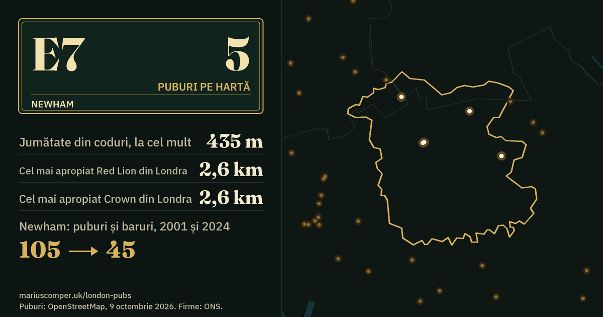 5 puburi pe hartă. Cel mai apropiat Red Lion din Londra: la 2,6 km. Newham: 105 puburi și baruri în 2001, 45 în 2024.