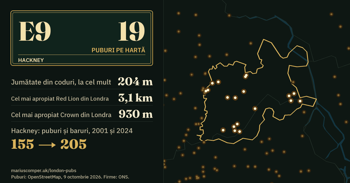 19 puburi pe hartă. Cel mai apropiat Red Lion din Londra: la 3,1 km. Hackney: 155 de puburi și baruri în 2001, 205 în 2024.