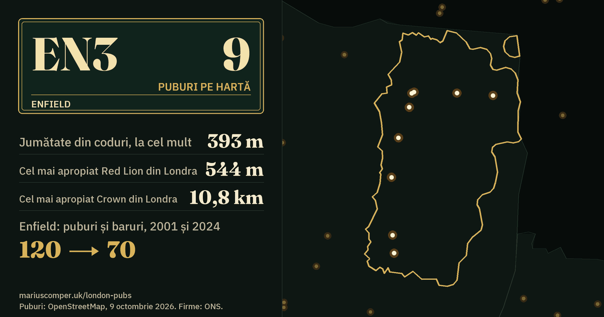 9 puburi pe hartă. Cel mai apropiat Red Lion din Londra: la 544 m. Enfield: 120 de puburi și baruri în 2001, 70 în 2024.