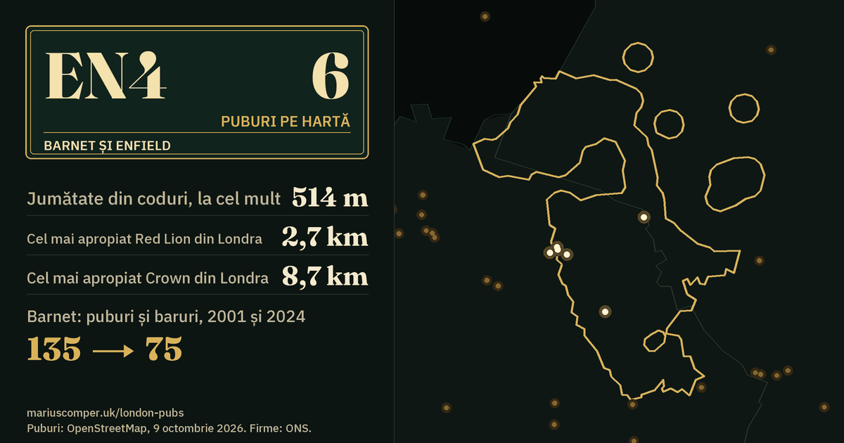 6 puburi pe hartă. Cel mai apropiat Red Lion din Londra: la 2,7 km. Barnet: 135 de puburi și baruri în 2001, 75 în 2024.