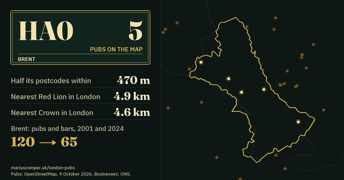 5 pubs on the map. Nearest Red Lion in London: 4.9 km. Brent: 120 pubs and bars in 2001, 65 in 2024.