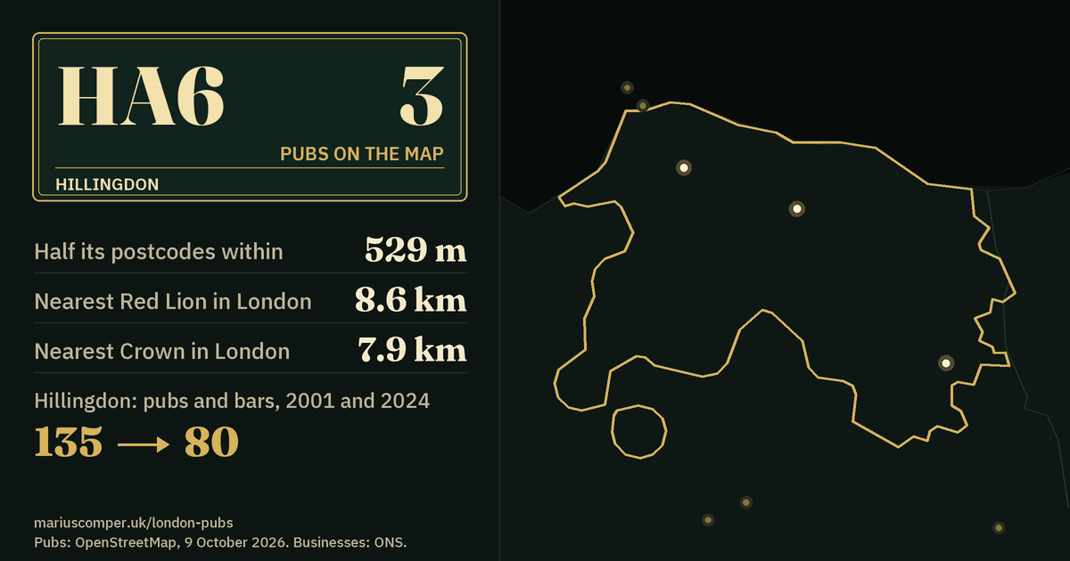 3 pubs on the map. Nearest Red Lion in London: 8.6 km. Hillingdon: 135 pubs and bars in 2001, 80 in 2024.