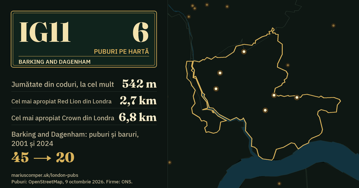 6 puburi pe hartă. Cel mai apropiat Red Lion din Londra: la 2,7 km. Barking and Dagenham: 45 de puburi și baruri în 2001, 20 în 2024.