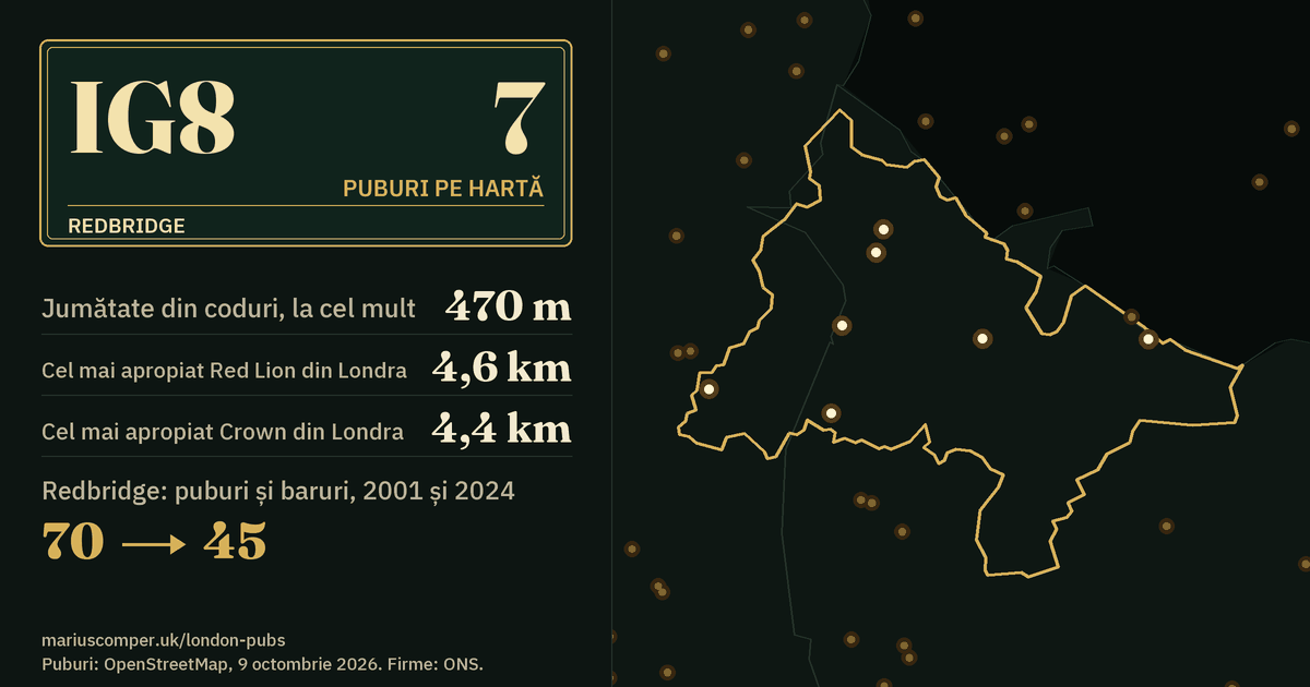 7 puburi pe hartă. Cel mai apropiat Red Lion din Londra: la 4,6 km. Redbridge: 70 de puburi și baruri în 2001, 45 în 2024.