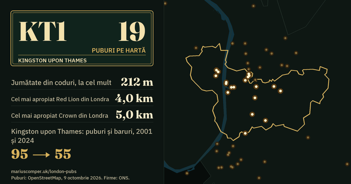 19 puburi pe hartă. Cel mai apropiat Red Lion din Londra: la 4,0 km. Kingston upon Thames: 95 de puburi și baruri în 2001, 55 în 2024.