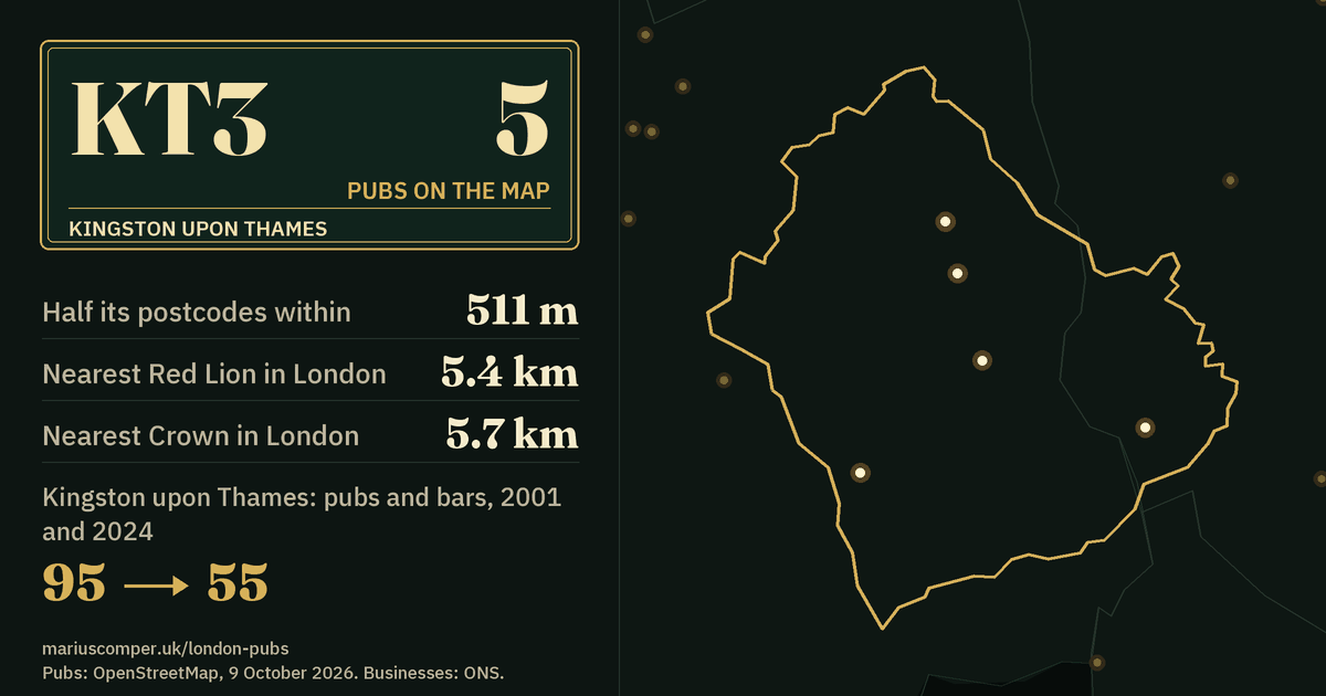 5 pubs on the map. Nearest Red Lion in London: 5.4 km. Kingston upon Thames: 95 pubs and bars in 2001, 55 in 2024.