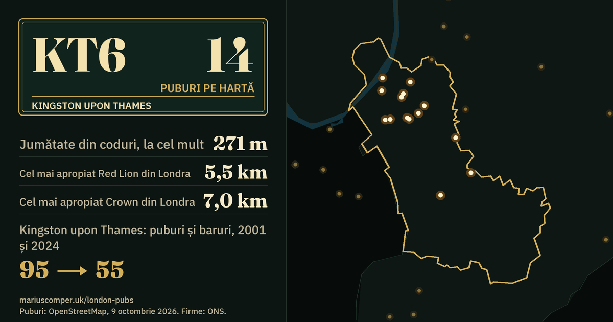 14 puburi pe hartă. Cel mai apropiat Red Lion din Londra: la 5,5 km. Kingston upon Thames: 95 de puburi și baruri în 2001, 55 în 2024.