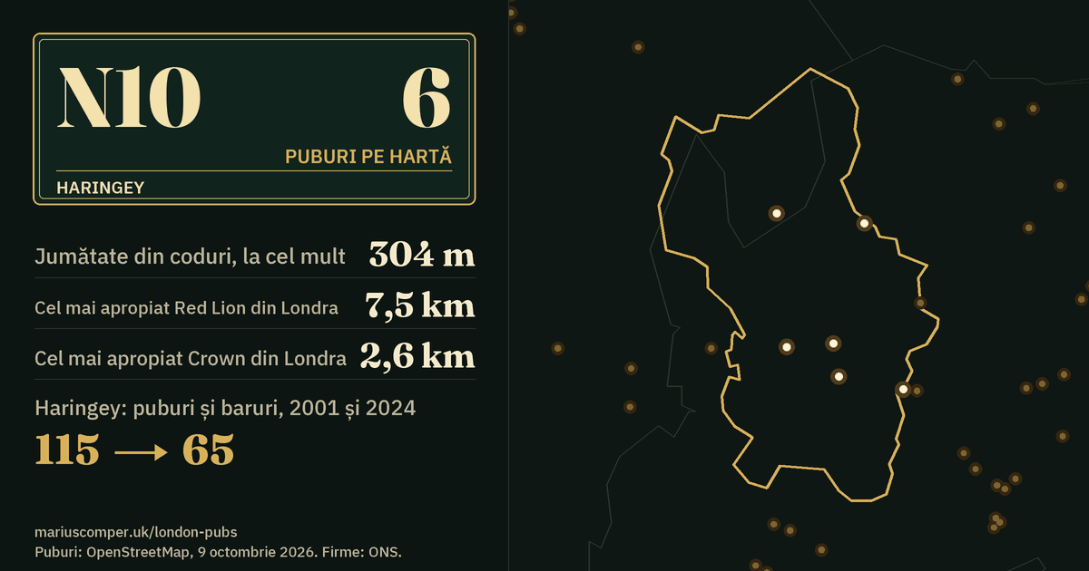 6 puburi pe hartă. Cel mai apropiat Red Lion din Londra: la 7,5 km. Haringey: 115 puburi și baruri în 2001, 65 în 2024.
