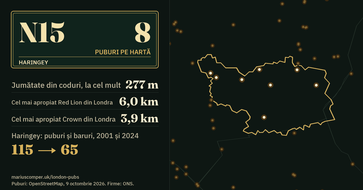 8 puburi pe hartă. Cel mai apropiat Red Lion din Londra: la 6,0 km. Haringey: 115 puburi și baruri în 2001, 65 în 2024.