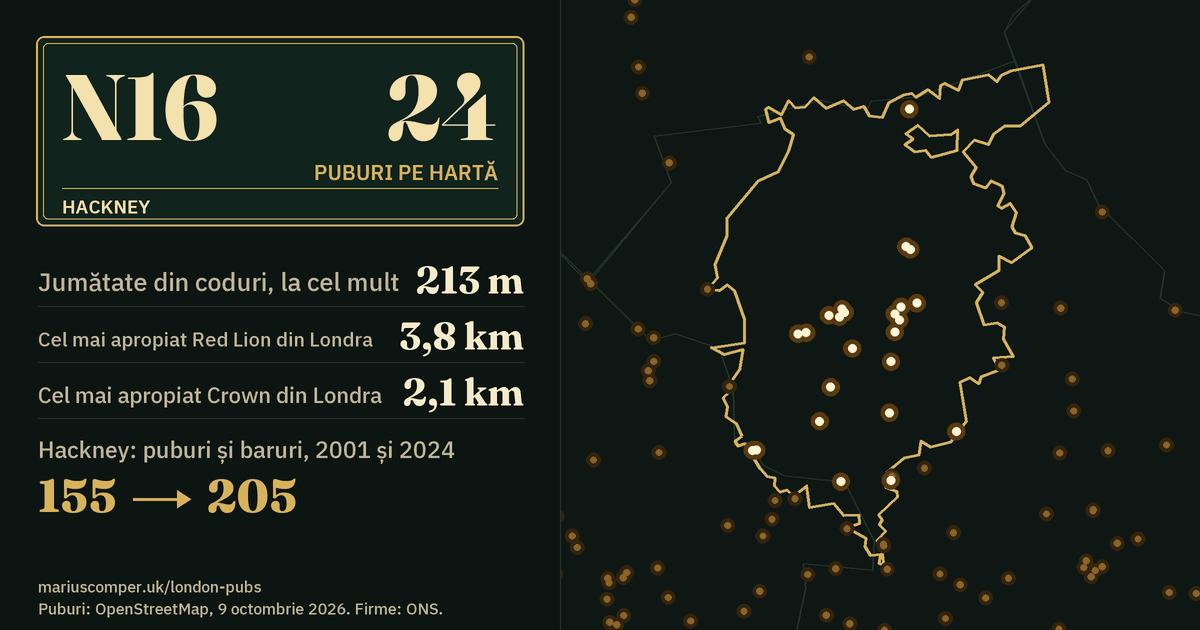 24 de puburi pe hartă. Cel mai apropiat Red Lion din Londra: la 3,8 km. Hackney: 155 de puburi și baruri în 2001, 205 în 2024.