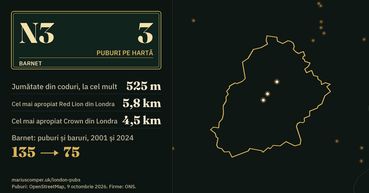 3 puburi pe hartă. Cel mai apropiat Red Lion din Londra: la 5,8 km. Barnet: 135 de puburi și baruri în 2001, 75 în 2024.