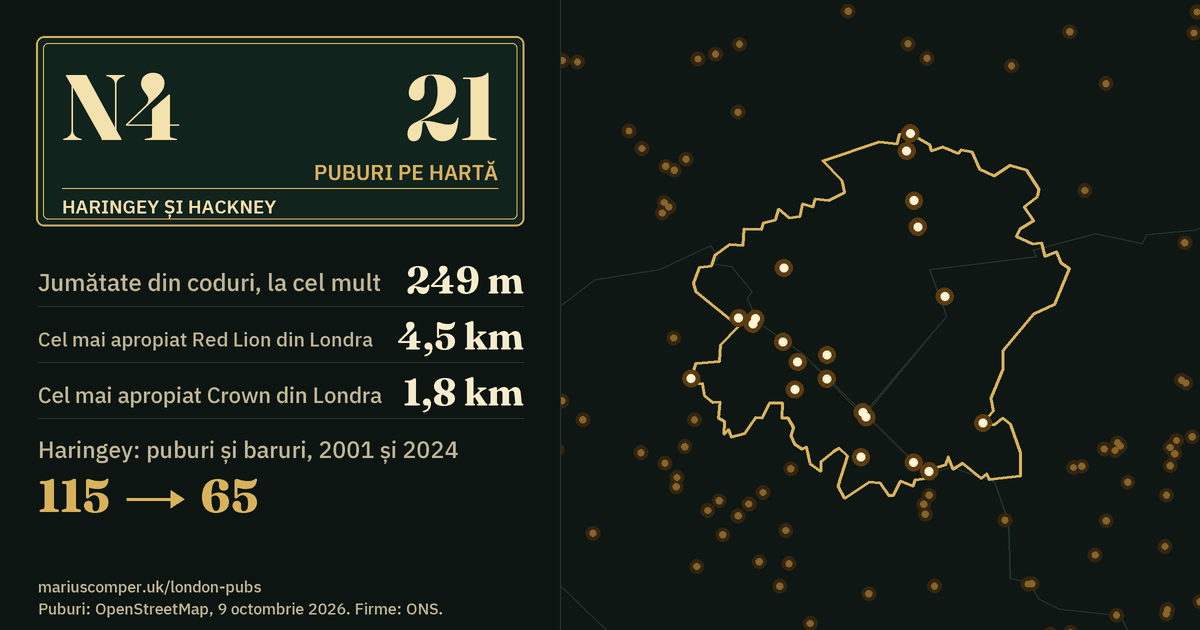 21 de puburi pe hartă. Cel mai apropiat Red Lion din Londra: la 4,5 km. Haringey: 115 puburi și baruri în 2001, 65 în 2024.