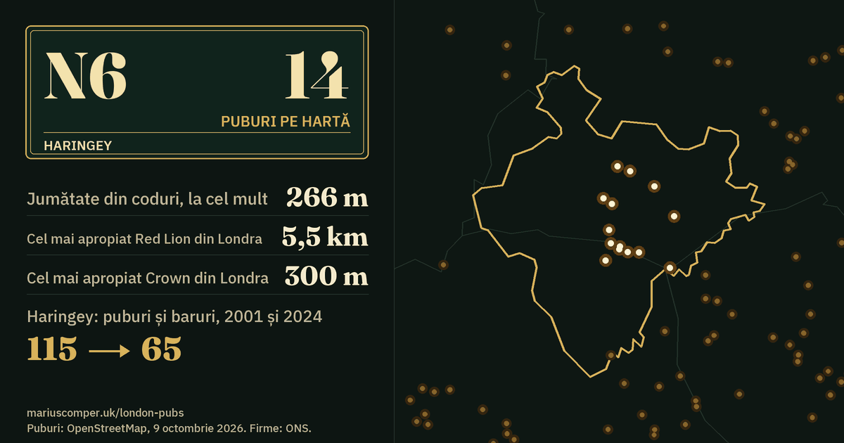14 puburi pe hartă. Cel mai apropiat Red Lion din Londra: la 5,5 km. Haringey: 115 puburi și baruri în 2001, 65 în 2024.
