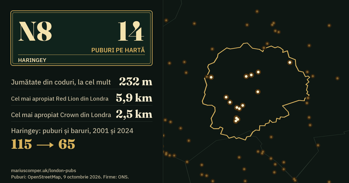 14 puburi pe hartă. Cel mai apropiat Red Lion din Londra: la 5,9 km. Haringey: 115 puburi și baruri în 2001, 65 în 2024.