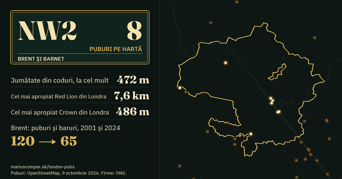 8 puburi pe hartă. Cel mai apropiat Red Lion din Londra: la 7,6 km. Brent: 120 de puburi și baruri în 2001, 65 în 2024.