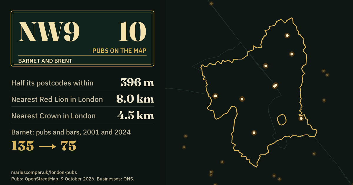 10 pubs on the map. Nearest Red Lion in London: 8.0 km. Barnet: 135 pubs and bars in 2001, 75 in 2024.