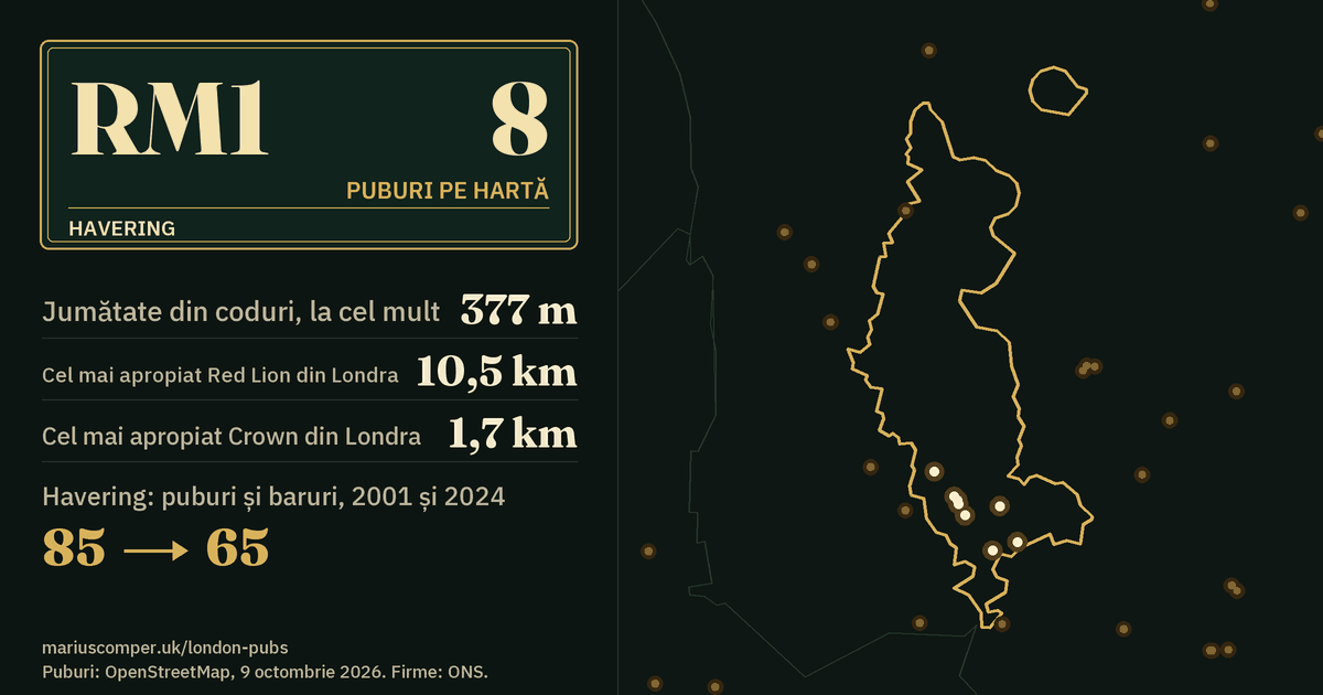 8 puburi pe hartă. Cel mai apropiat Red Lion din Londra: la 10,5 km. Havering: 85 de puburi și baruri în 2001, 65 în 2024.