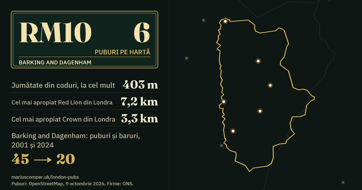 6 puburi pe hartă. Cel mai apropiat Red Lion din Londra: la 7,2 km. Barking and Dagenham: 45 de puburi și baruri în 2001, 20 în 2024.
