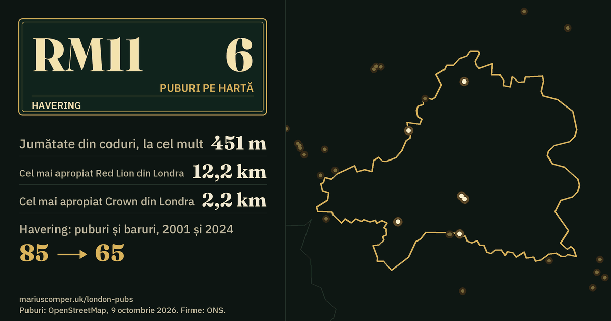 6 puburi pe hartă. Cel mai apropiat Red Lion din Londra: la 12,2 km. Havering: 85 de puburi și baruri în 2001, 65 în 2024.