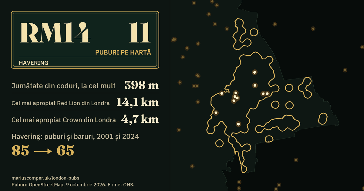 11 puburi pe hartă. Cel mai apropiat Red Lion din Londra: la 14,1 km. Havering: 85 de puburi și baruri în 2001, 65 în 2024.